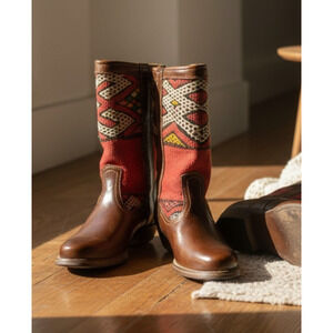 Capicua Kilim Moroccan Boots Size 9 Brown Leather Western Blanket Fabric NEW